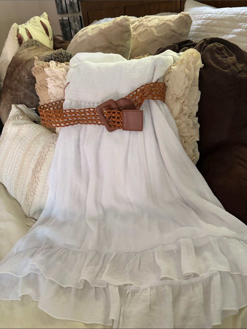 BCX White Strapless Ruffled Maxi Dress with Tan Woven Belt